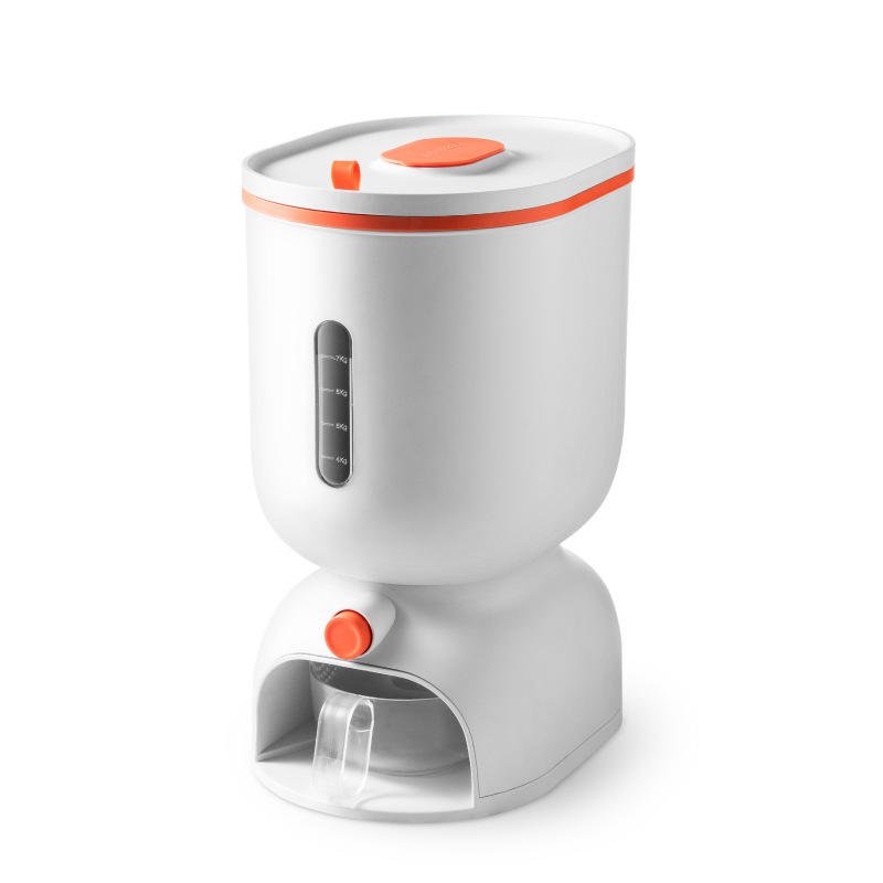 Hộp đựng gạo tự động nhựa PP chống ẩm mốc, lấy gạo thông minh Hộp đựng gạo tự động màu trắng, thiết kế hiện đại.