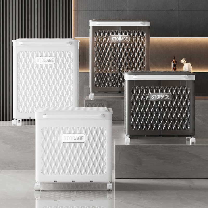 Tủ đựng đồ di động nhựa PP có bánh xe gập gọn đa năng cho gia đình Bốn tủ đựng đồ nhựa di động với hai màu trắng và xám, thiết kế hiện đại.
