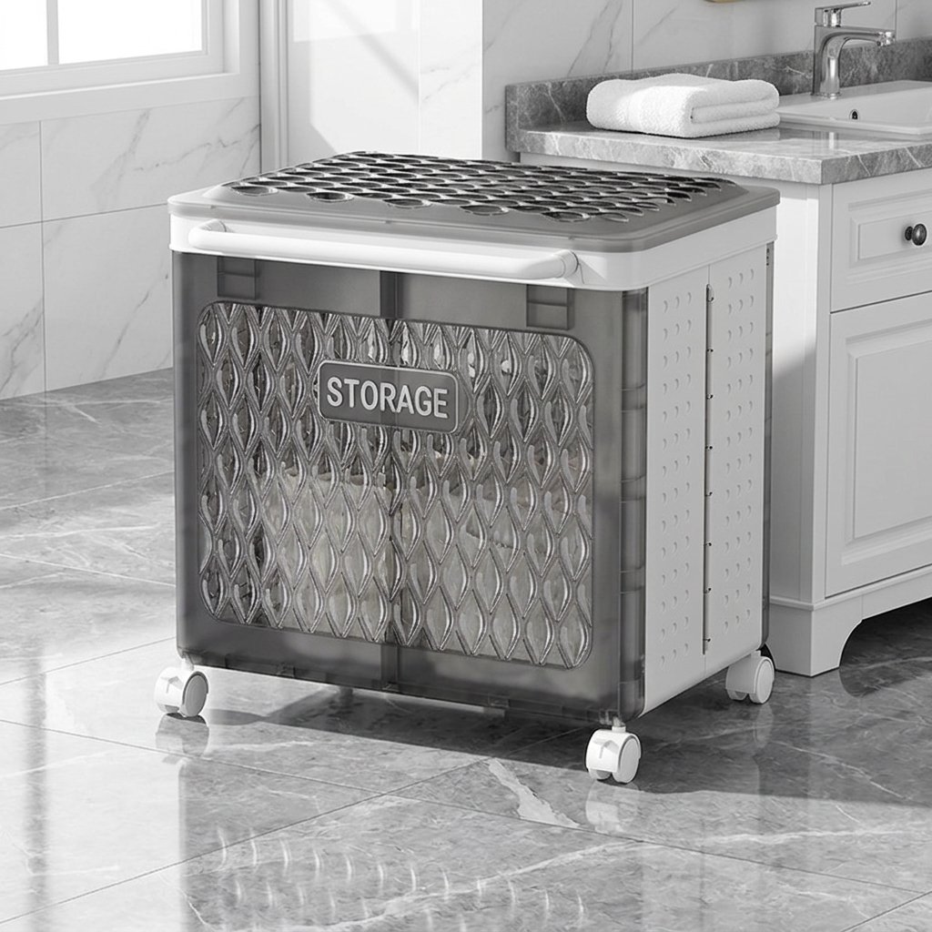 Giỏ nhựa PP kéo đa năng có bánh xe đựng quần áo và đồ dùng tiện lợi Giỏ nhựa có bánh xe đặt cạnh bồn rửa trong phòng tắm, thiết kế hiện đại.