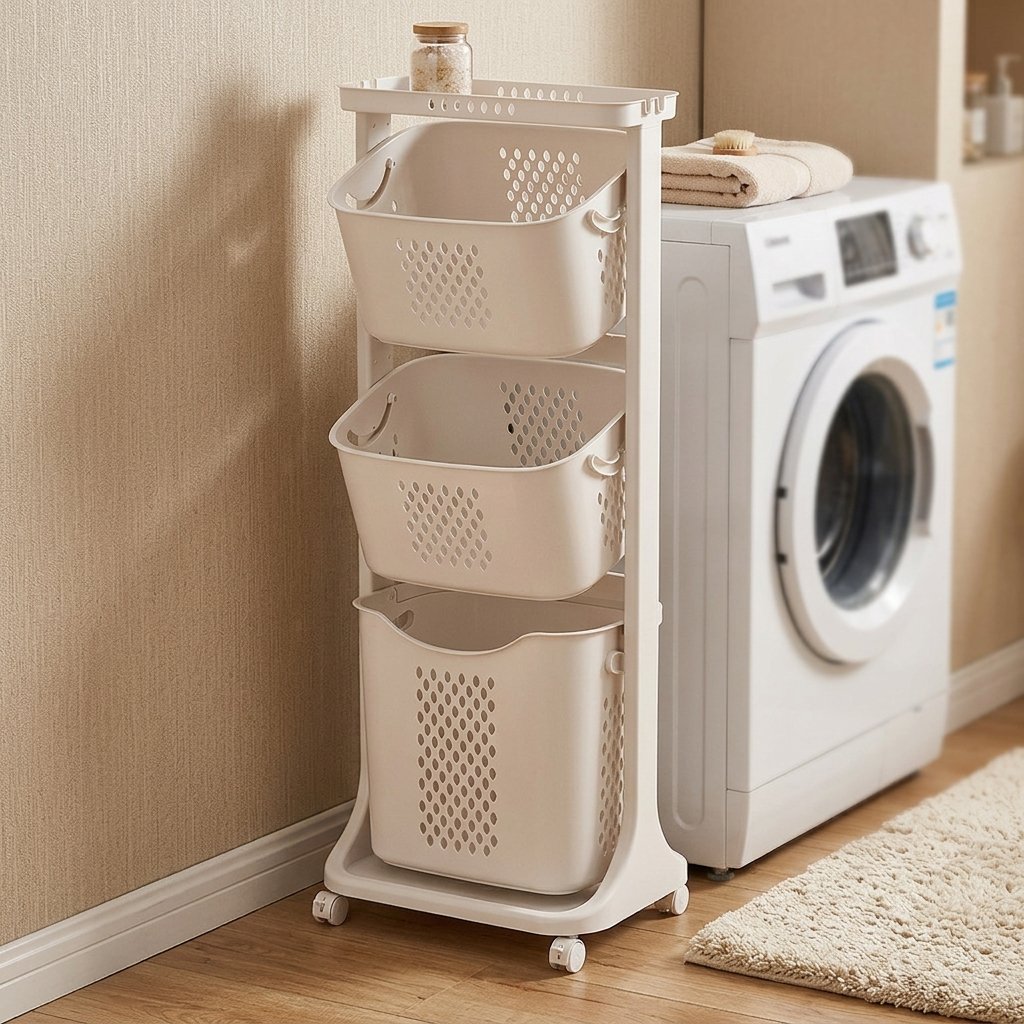 Kệ nhựa 3 tầng đựng quần áo bẩn di động tiện lợi cho phòng tắm Giá đựng quần áo 3 tầng đặt cạnh máy giặt trong phòng giặt.