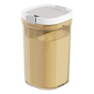 Hộp đựng sữa bột hình chữ nhật, nắp trắng xám, thân trong suốt.