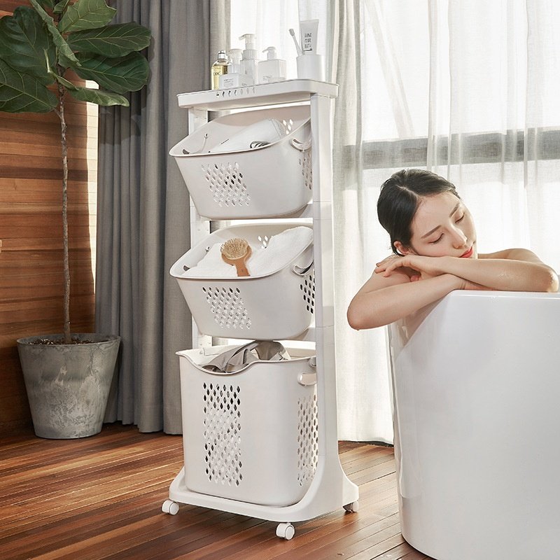 Kệ nhựa PP 2 tầng có bánh xe đa năng đựng quần áo phòng tắm Kệ nhựa 2 tầng đặt cạnh bồn tắm, chứa khăn và đồ dùng cá nhân.