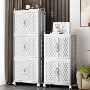 Tủ nhựa nhiều tầng màu trắng, thiết kế hiện đại, có bánh xe.