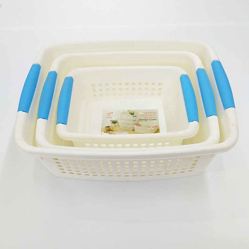 Rổ nhựa PP đa năng tay cầm Kasawow đựng đồ gia dụng nhà bếp Ba rổ nhựa xếp lồng vào nhau với tay cầm xanh dương.
