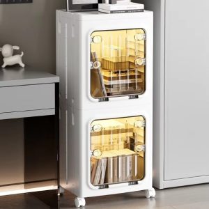 Tủ nhựa gấp gọn đựng quần áo đa năng cửa trong suốt chống bụi Tủ nhựa đựng quần áo 2 tầng màu trắng, cửa trong suốt, đặt cạnh bàn làm việc.