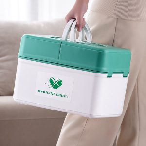Hộp nhựa PP đựng thuốc y tế gia đình đa năng dung tích lớn tiện lợi Hộp y tế gia đình màu xanh trắng, có tay cầm tiện lợi.