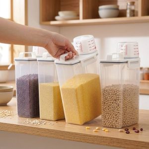 Bốn hộp nhựa đựng thực phẩm có nắp đo, chứa các loại hạt khác nhau đặt trên bàn bếp.