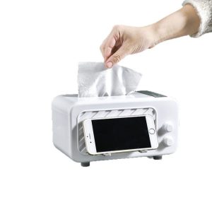 Hộp đựng khăn giấy màu trắng có khe cắm điện thoại.