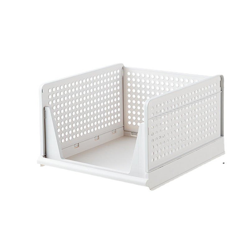 Kệ nhựa PP xếp chồng gấp gọn đa năng lưu trữ quần áo 10-20L Kệ nhựa trắng một tầng, thiết kế lỗ thoáng khí.