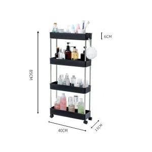 Kệ 4 tầng màu đen, kích thước 85x40x13cm, chứa nhiều chai lọ mỹ phẩm.