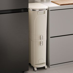 Thùng rác nhựa PP 2 ngăn bàn đạp & ngăn kéo tiện lợi cho nhà bếp Thùng rác nhựa đứng cạnh tủ lạnh, thiết kế cao và mảnh, có bánh xe.
