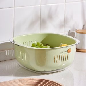 Rổ nhựa PP 2 tầng đa năng rửa rau củ quả tiện dụng cho nhà bếp Rổ rửa rau củ màu xanh lá với nho và chanh bên trong.