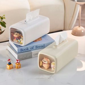 Hai hộp đựng khăn giấy màu trắng và kem, bên trong có mô hình hoạt hình dễ thương.