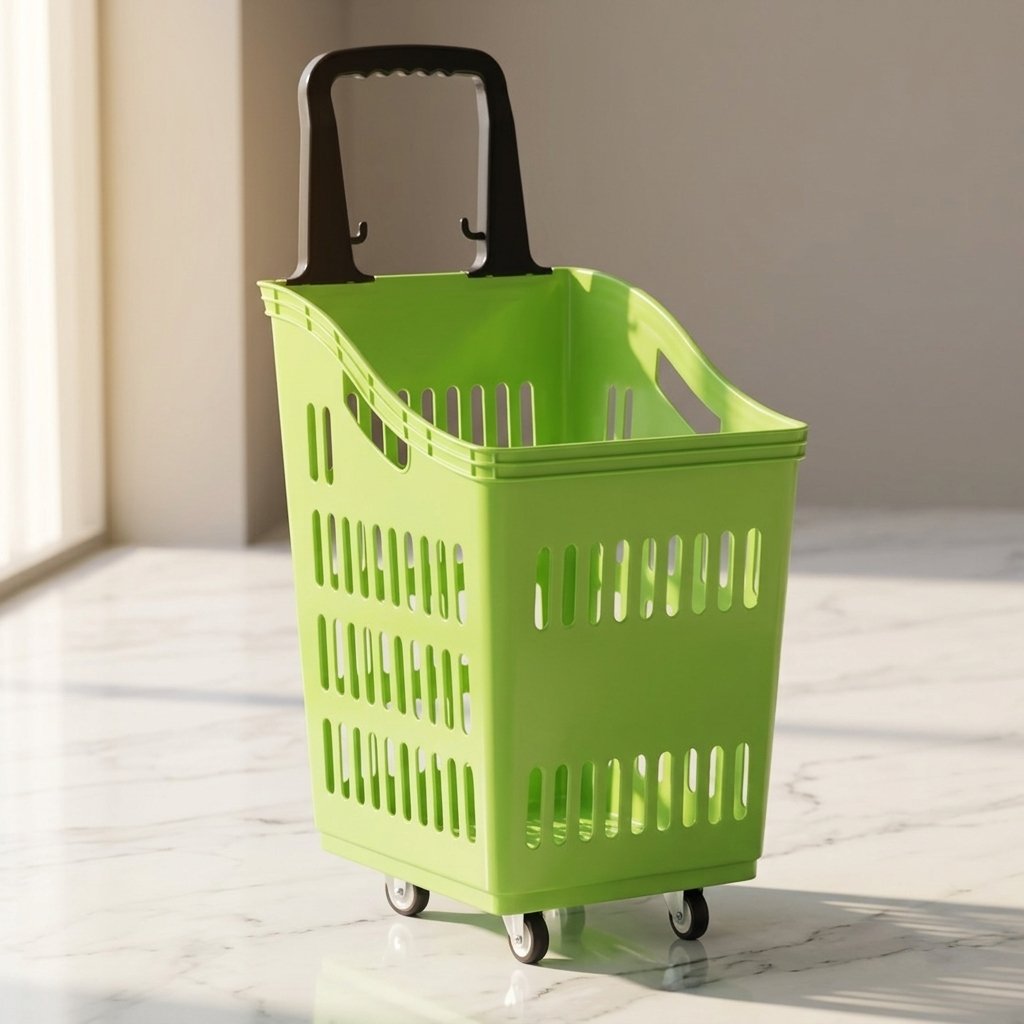 Giỏ mua sắm kéo tay nhựa PP 23-30L có bánh xe, tay kéo tiện lợi Giỏ mua sắm màu xanh lá với tay kéo và bánh xe, đặt trên nền nhà sáng.