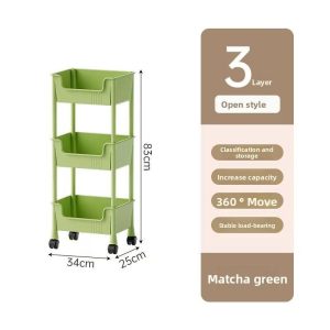 Kệ nhựa 3 tầng màu xanh matcha, có bánh xe, kích thước 34x25x83cm.
