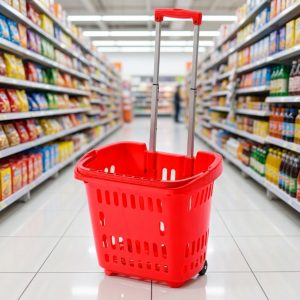 Giỏ kéo nhựa đỏ có bánh xe và tay kéo dài đặt giữa lối đi siêu thị