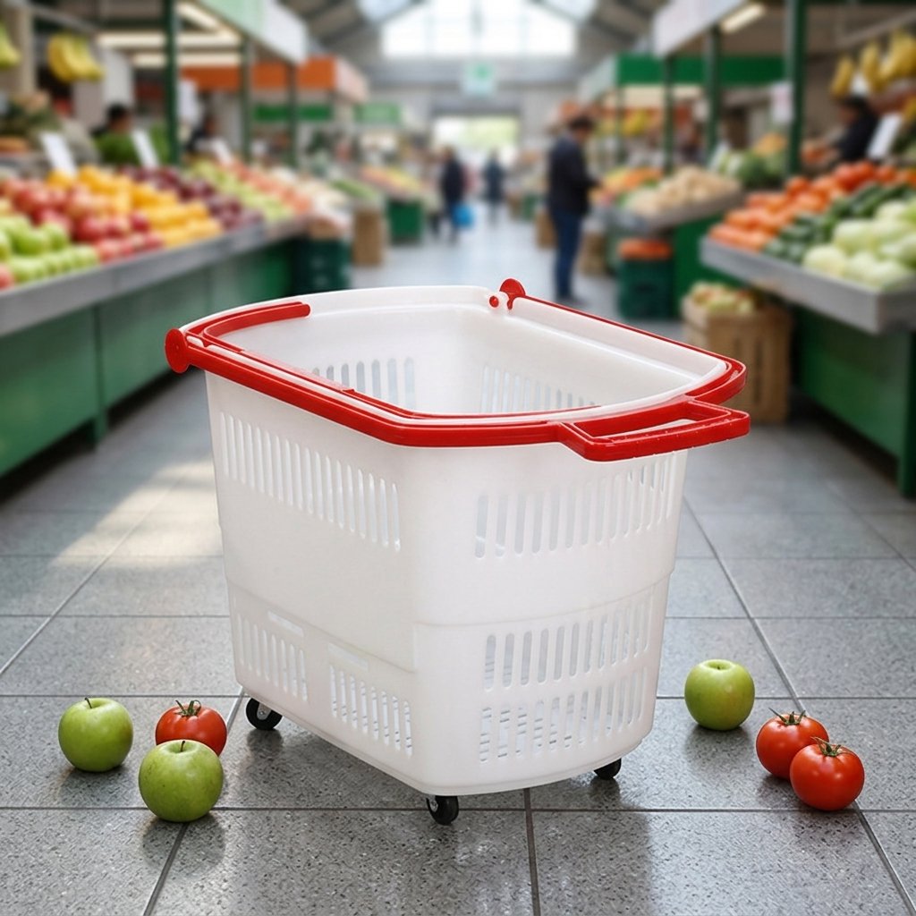Giỏ kéo nhựa PP đa năng đi chợ có bánh xe, tay kéo tiện lợi 50L Giỏ nhựa trắng có bánh xe và tay kéo đặt giữa siêu thị, xung quanh là rau củ quả.