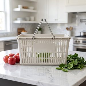 Giỏ nhựa màu trắng với tay cầm kim loại đặt trên bàn bếp, bên cạnh là rau củ và táo.