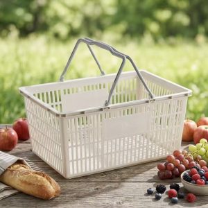 Giỏ nhựa trắng hai tay cầm đặt ngoài trời cùng trái cây và bánh mì