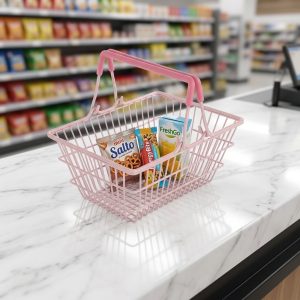 Giỏ nhựa màu hồng có tay cầm, đựng đồ ăn vặt đặt trên quầy siêu thị