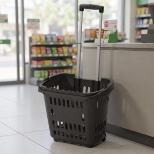 Giỏ kéo nhựa PP dung tích lớn có bánh xe đi chợ siêu thị tiện lợi Giỏ kéo màu đen đặt cạnh quầy thanh toán trong siêu thị.