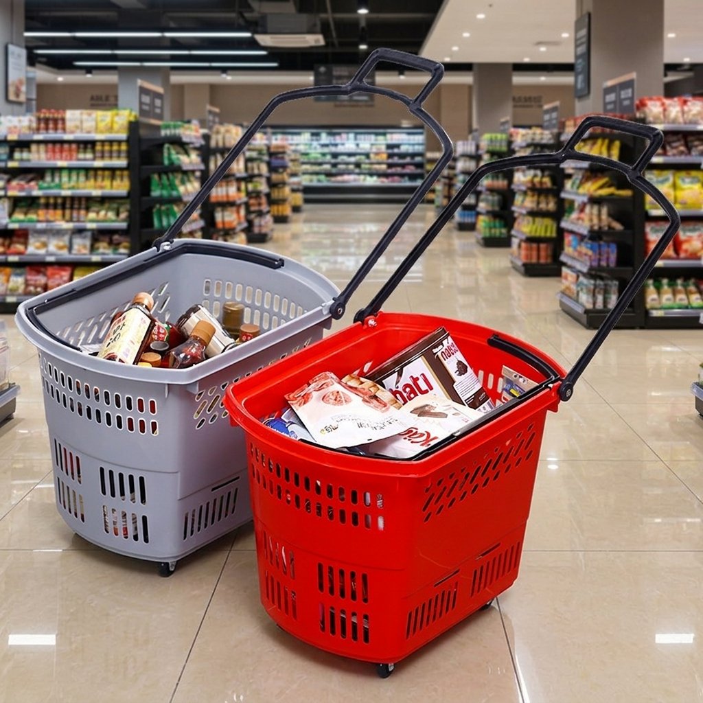 Giỏ kéo nhựa PP đa năng có bánh xe, tay kéo kéo dài cho siêu thị và gia đình Hai giỏ kéo màu đỏ và xám đang đựng hàng hóa trong siêu thị.