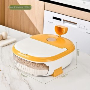 Hộp đựng gạo màu cam, dung tích lớn, có nắp kín và kích thước rõ ràng.