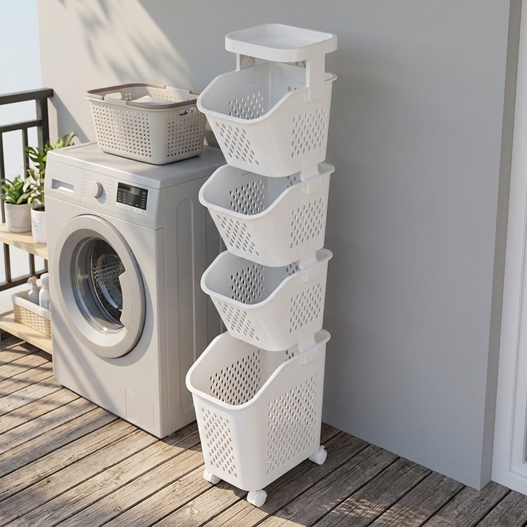 Kệ nhựa đa tầng có bánh xe đựng đồ phòng tắm, nhà bếp tiện dụng Kệ nhựa 4 tầng có bánh xe đặt cạnh máy giặt ngoài ban công