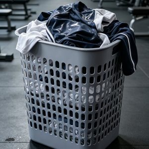 Giỏ nhựa đựng quần áo đầy đồ, đặt trong phòng tập gym.