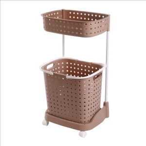 Giỏ đựng đồ hai tầng màu nâu, có bánh xe di chuyển.