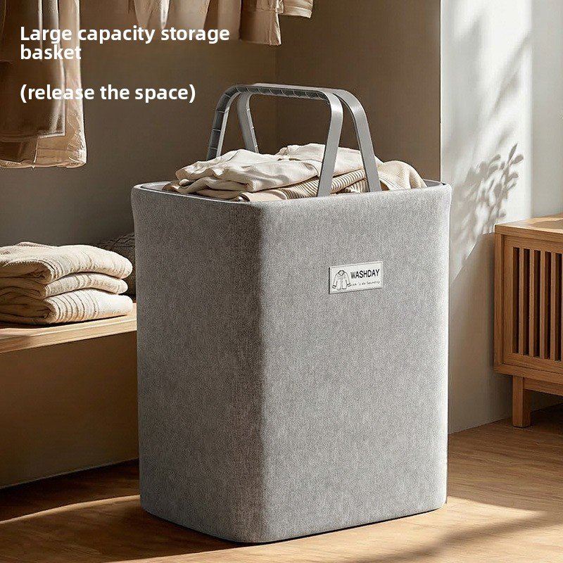 Giỏ đựng quần áo vải cotton linen dung tích lớn gấp gọn tiện lợi Giỏ đựng quần áo bẩn màu xám dung tích lớn đặt trong phòng giặt.