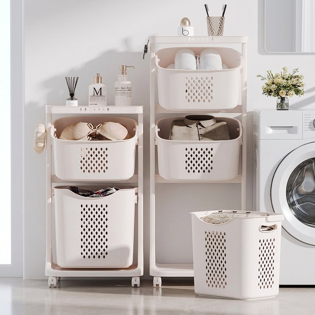 Giỏ đựng quần áo nhựa PP có bánh xe nhiều tầng tiện lợi phòng tắm Giỏ đựng quần áo nhiều tầng màu trắng kem đặt cạnh máy giặt trong phòng tắm hiện đại.