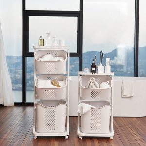 Giá đựng quần áo đa tầng nhựa PP 3 tầng di động tiện ích phòng tắm Hai mẫu giá đựng quần áo đa tầng với kích thước khác nhau, đặt trong phòng tắm sang trọng.