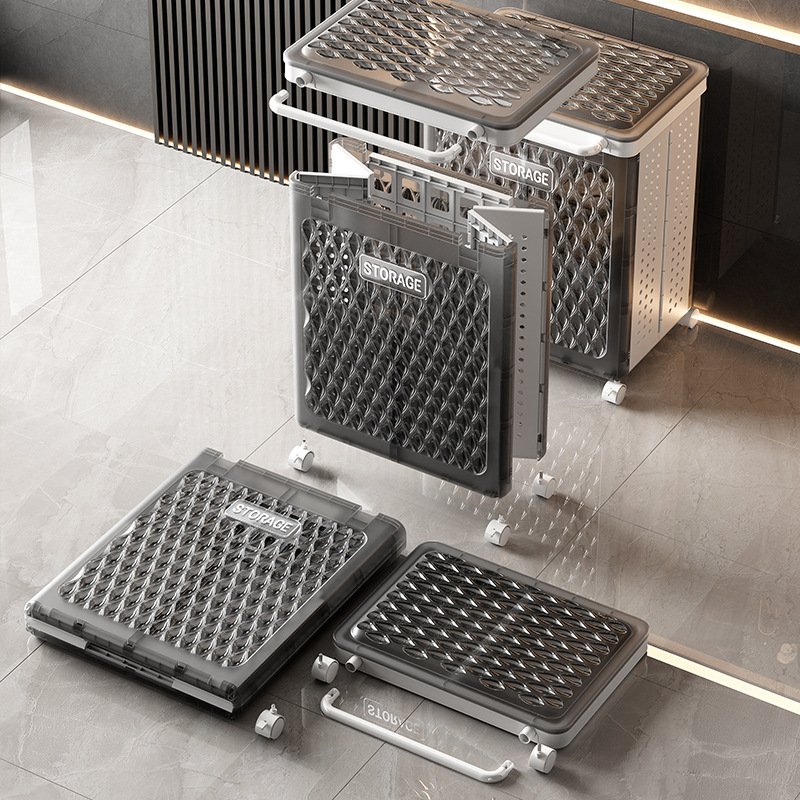 Tủ đựng đồ di động nhựa PP có bánh xe gập gọn đa năng cho gia đình Các tủ đựng đồ được xếp gập gọn và mở ra, thể hiện khả năng tiết kiệm không gian.