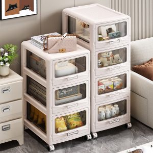Tủ nhựa đa năng nhiều ngăn kéo màu kem cửa trong suốt đựng đồ gia đình, văn phòng Hai tủ nhựa nhiều tầng đặt cạnh nhau, chứa đồ dùng gia đình và thực phẩm.