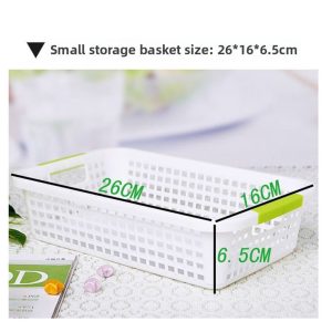 Cận cảnh rổ nhựa trắng với kích thước 26x16x6.5cm, tay cầm xanh lá, thiết kế lỗ thoáng khí.