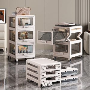 Ba tủ nhựa xếp cạnh nhau, một tủ mở ngăn kéo, thể hiện khả năng tháo rời và lắp ghép.