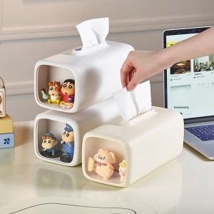 Ba hộp đựng giấy ăn xếp chồng, bên trong có mô hình hoạt hình dễ thương.