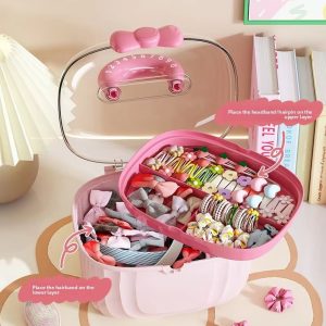 Hộp nhựa đa năng dung tích lớn đựng trang sức, mỹ phẩm cho bé gái Hộp đựng màu hồng mở nắp, bên trong có hai tầng để kẹp tóc, dây buộc tóc, phụ kiện nhỏ.