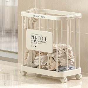 Giỏ nhựa đa năng có bánh xe đựng thảm yoga, quần áo, đồ chơi 67L Giỏ đựng quần áo bẩn đặt trong phòng tắm, thiết kế hiện đại.