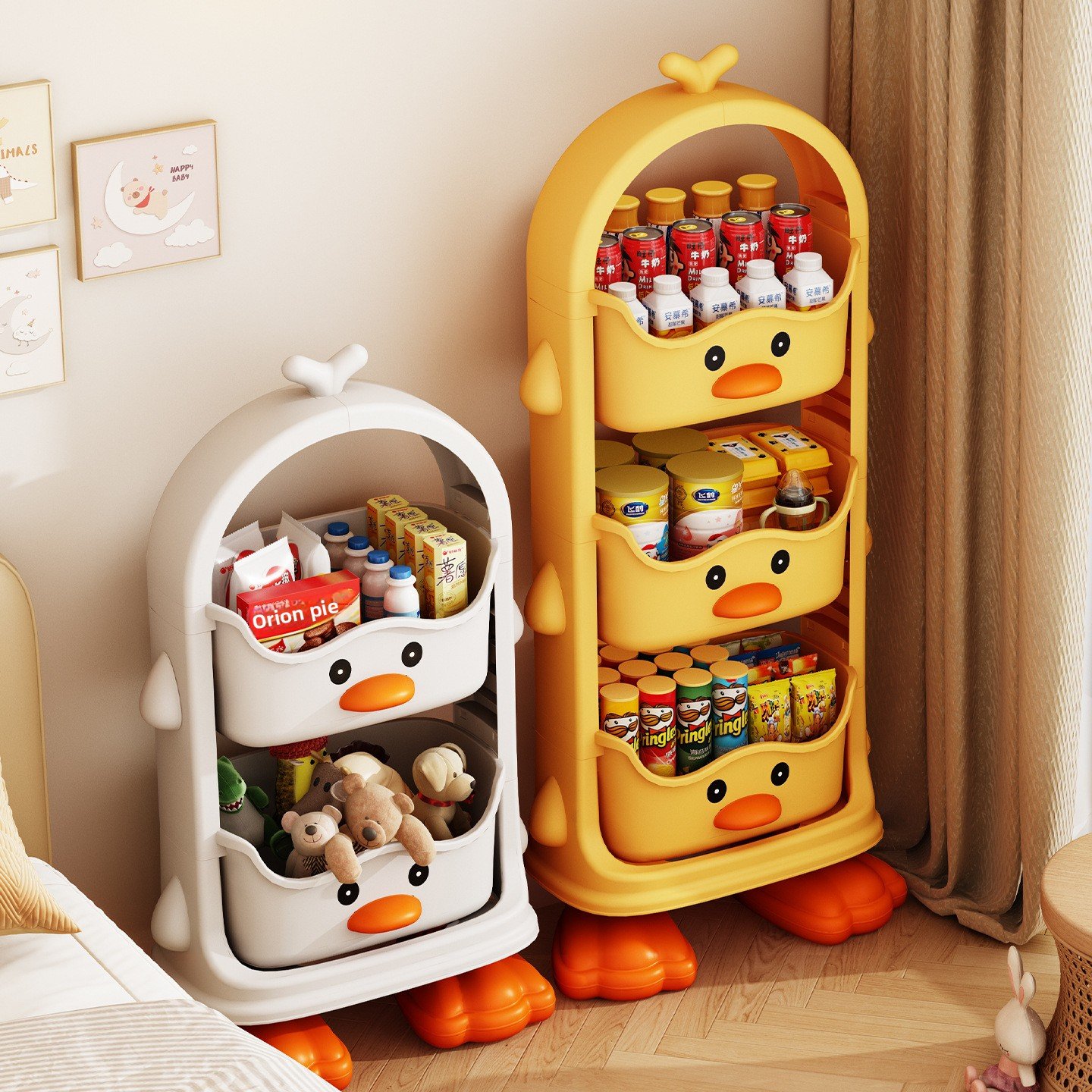 Kệ nhựa đa năng hình vịt vàng 3 tầng đựng đồ chơi thực phẩm Kệ vịt đựng đầy đồ ăn vặt, nước uống, đặt sát tường