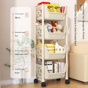 Kệ nhựa 4 tầng có bánh xe, phân tầng rõ ràng cho đồ ăn vặt, đồ chơi, sách vở.