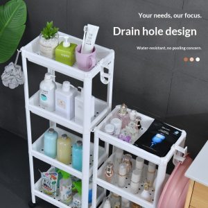 Kệ nhựa 5 tầng đựng đầy chai lọ mỹ phẩm, thiết kế lỗ thoát nước.