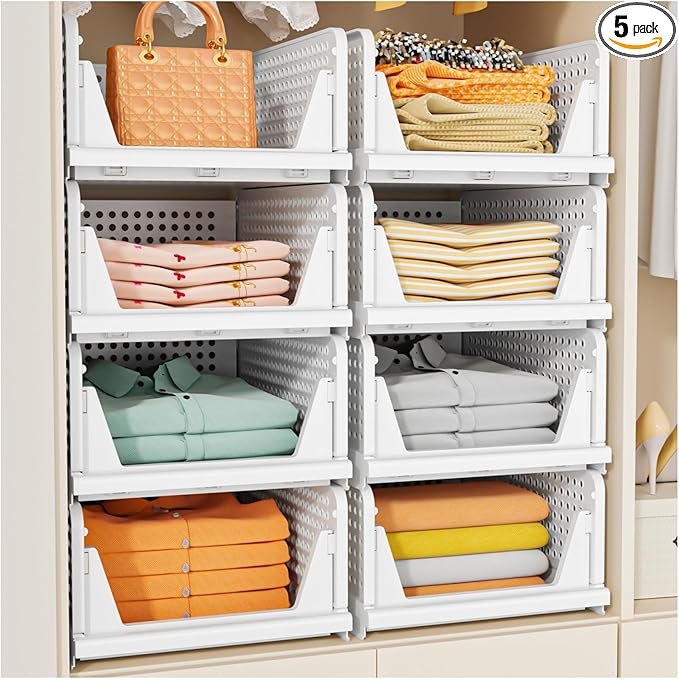 Kệ nhựa PP xếp chồng gấp gọn đa năng lưu trữ quần áo 10-20L Bộ kệ xếp chồng trong tủ quần áo, lưu trữ quần áo gọn gàng.
