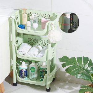 Kệ nhựa 3 tầng màu xanh nhạt, để mỹ phẩm và khăn tắm trong phòng tắm