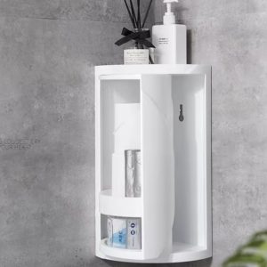 Kệ góc xoay 3 tầng nhựa ABS hiện đại đa năng tiết kiệm không gian Mặt sau kệ góc xoay 3 tầng với móc treo tường, chứa giấy vệ sinh và nước rửa tay.