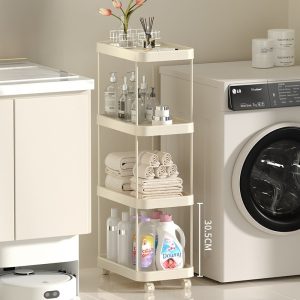 Kệ 4 tầng đặt cạnh máy giặt, đựng khăn tắm và nước giặt.
