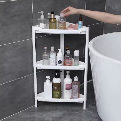 Kệ góc nhựa PP đa năng 4 tầng để đồ phòng tắm, nhà bếp, phòng khách Kệ nhựa tam giác đặt sát bồn tắm, chứa nhiều chai lọ mỹ phẩm.