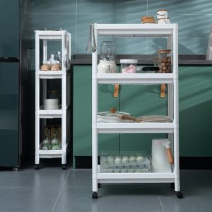 Kệ nhựa đa năng 3 tầng gấp gọn có bánh xe lưu trữ phòng tắm nhà bếp Hai kệ nhựa trắng 3 tầng và 4 tầng đặt trong bếp, đựng đồ gia dụng và thực phẩm.