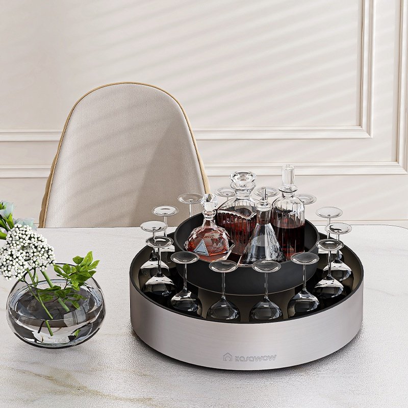 Kệ đựng gia vị đa năng xoay 2 tầng thép không gỉ cho nhà bếp tiện dụng Kệ xoay 2 tầng dùng để đựng ly và bình rượu trên bàn ăn